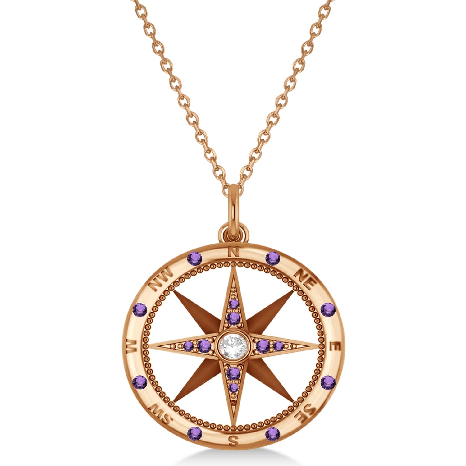 Compass Pendant Amethyst & Diamond Accented 14k Rose Gold (0.19ct)