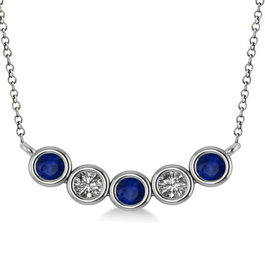 Diamond & Blue Sapphire 5-Stone Pendant Necklace 14k White Gold 0.25ct