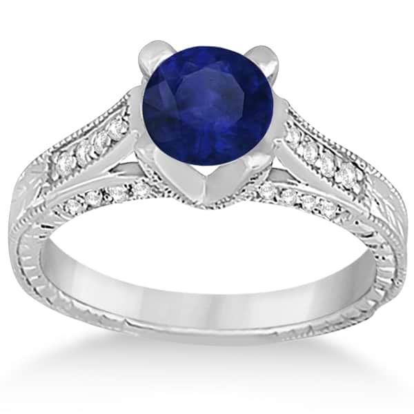 Antique Style Diamond & Blue Sapphire Engagement Ring 14k White Gold (1.90ct) Size 6