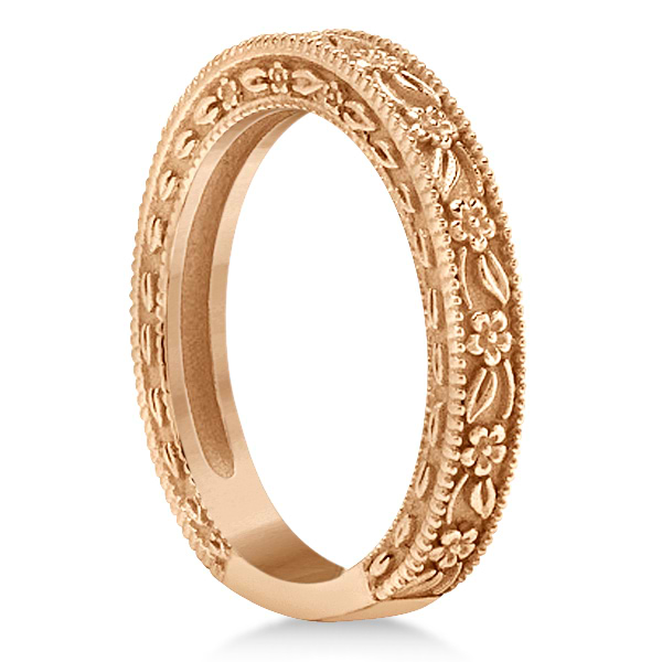 Carved Floral Designed Wedding Band Anniversary Ring in 14K Rose Gold
