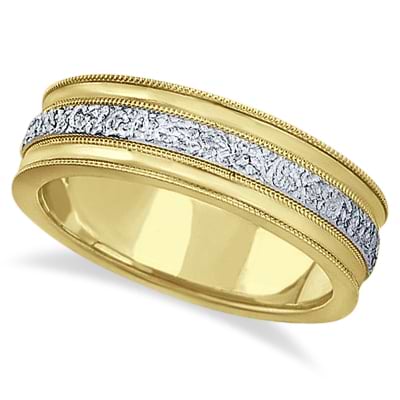 Carved Men's Wedding Ring Diamond Cut Band 18k Two Tone Gold (7 mm) Size 9