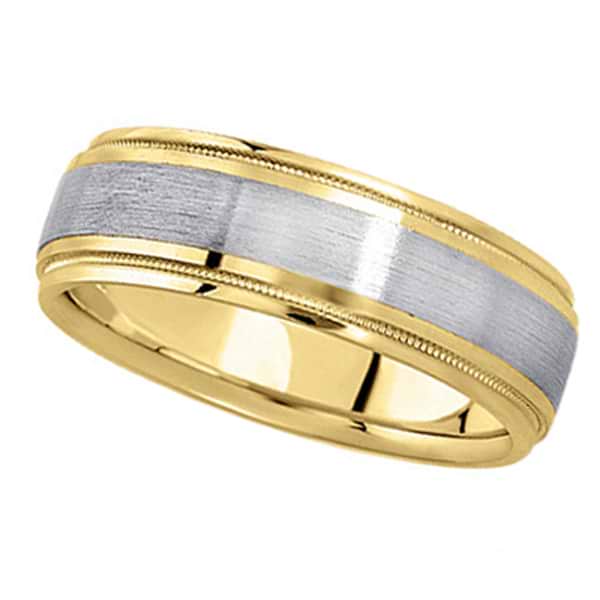 Carved Two-Tone Wedding Band in 18k White & Yellow Gold (7mm) Size 8.75
