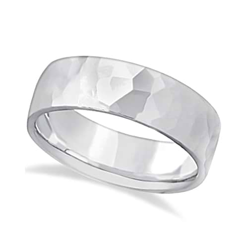 Men's Hammered Finished Carved Band Wedding Ring 18k White Gold (7mm) Size 11