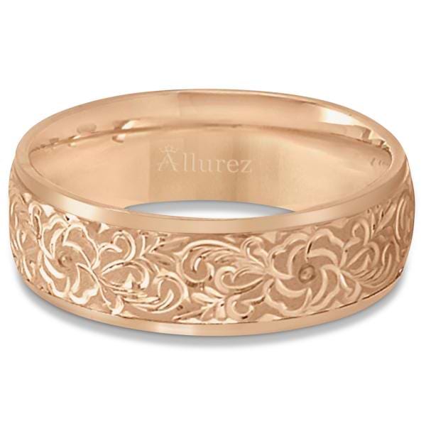 Hand-Engraved Flower Wedding Ring Wide Band 14k Rose Gold (7mm) Size 10