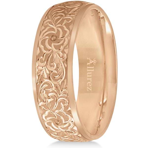 Hand-Engraved Flower Wedding Ring Wide Band 14k Rose Gold (7mm) Size 10