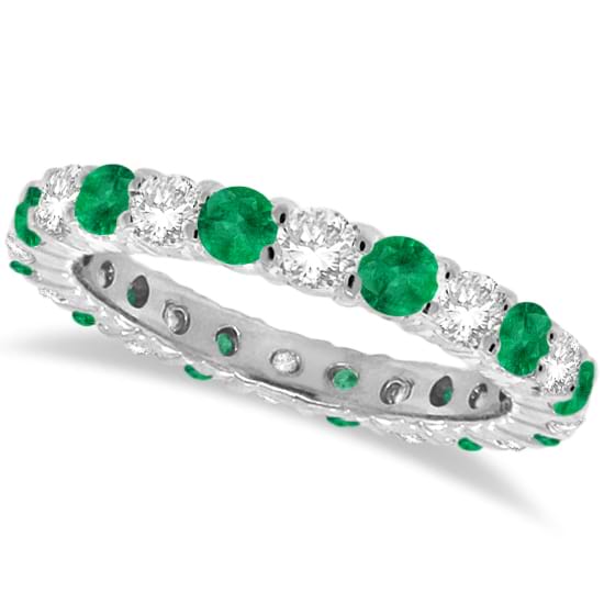 Emerald & Diamond Eternity Ring Band 14k White Gold (1.07ct) SIZE 6