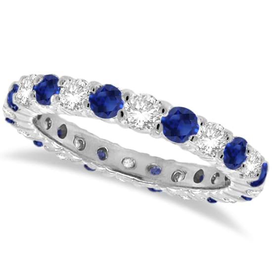 Blue Sapphire & Diamond Eternity Ring Band 14k White Gold (1.07ct) | SIZE 6