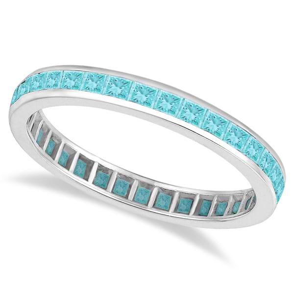 Princess-Cut Aquamarine Eternity Ring Band 14k White Gold (1.36ct) Size 8