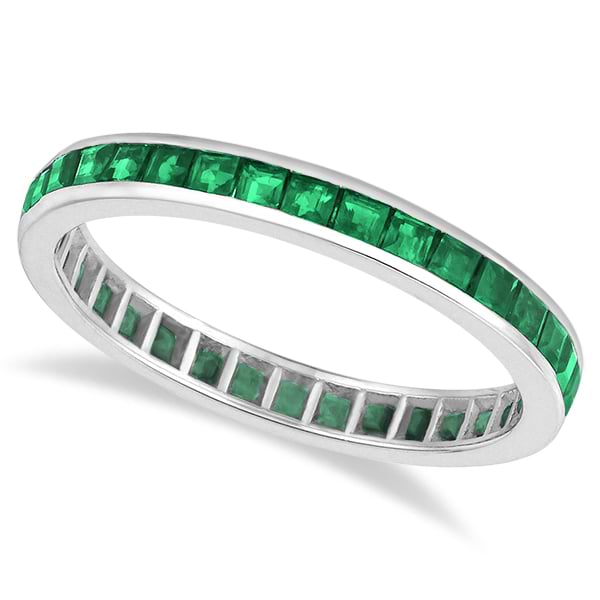 Princess-Cut Emerald Eternity Ring Band 14k White Gold (1.36ct) size 5.5