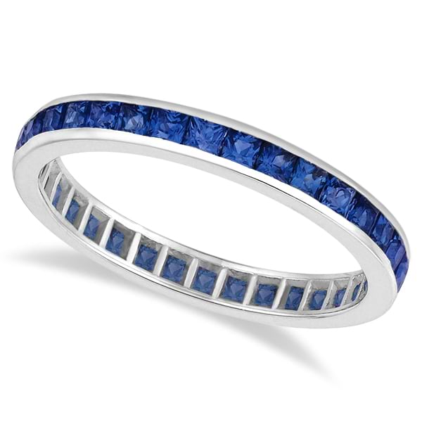 Princess-Cut Blue Sapphire Eternity Ring Band 14k White Gold (1.36ct)  size 6