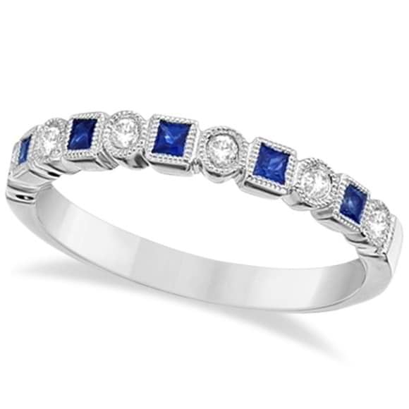 Princess Cut Blue Sapphire & Diamond Ring Band 14k White Gold (0.40ct)