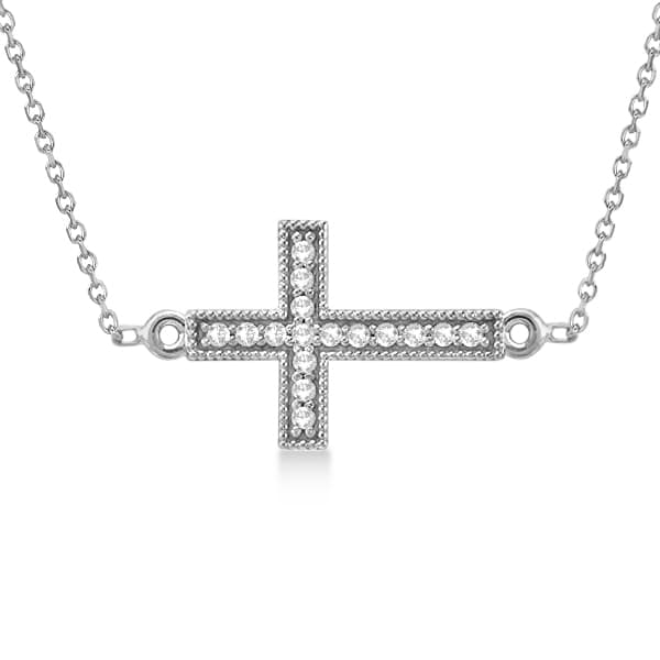 Vintage Diamond Sideways Cross Pendant Necklace 14k White Gold 0.20ct