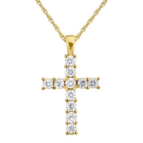 Prong-Set Diamond Cross Pendant Necklace 14k Yellow Gold (0.55ct)