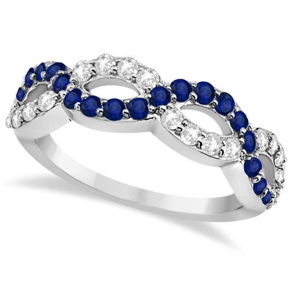 Blue Sapphire Twisted Infinity Diamond Ring in 14k White Gold (1.09ct) Size 5.25