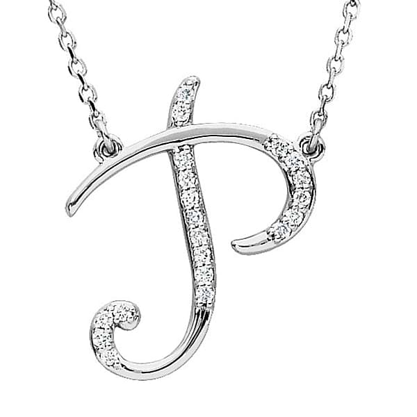 Personalized Diamond Cursive P Initial Pendant Necklace 14k White Gold