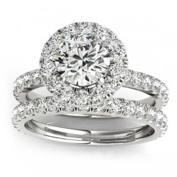 French Pave Halo Diamond Bridal Ring Set