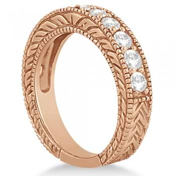 18k Rose Gold Eternity Wedding Band Filigree Leaf Diamond Rings