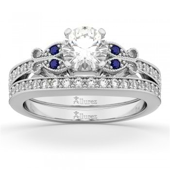 Butterfly Diamond & Blue Sapphire Bridal Set 14k White Gold (0.42ct)
