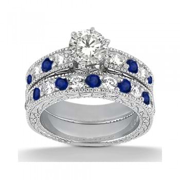 Antique Diamond & Blue Sapphire Bridal Set 14k White Gold (1.80ct)