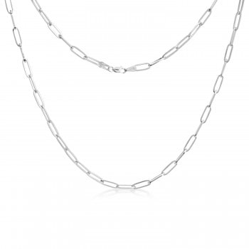 Flat Wire Long Link Paperclip Chain Necklace 14k White Gold