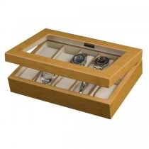 5 Compartment Watch Box, Collectors Case Wood Bamboo Finish, Glass Top