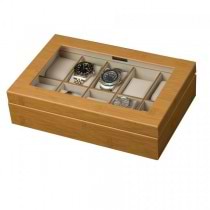 5 Compartment Watch Box, Collectors Case Wood Bamboo Finish, Glass Top