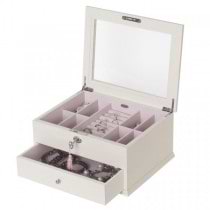 Wooden Jewelry Box w/ Ivory Finish, Glass Top, Lock & Key Jewel Case