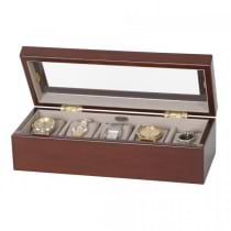 Five Compartment Wooden Watch Box, Walnut Finish, Glass Top, Padded
