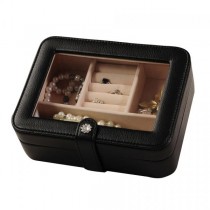 Black Faux Leather Jewelry Box, 3 Sections, Clear Lid, Jewel Case