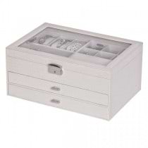 Locking Jewelry Chest w/ Travel Case White Faux Leather, Glass Top