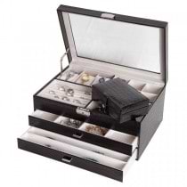Locking Jewelry Chest w/ Travel Case Black Faux Leather, Glass Top