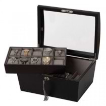 Locking Wooden Watch Box in Java Finish w/ 14 Compartments, Glass Top