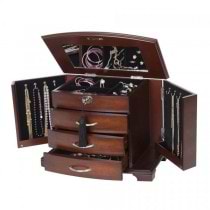 Wooden Upright Jewelry Box, Locking Dresser Chest, Mahogany Finish