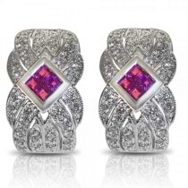 Square Ruby & Round Diamond Earrings Huggies 18k White Gold (1.54ct)
