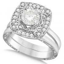Diamond Accented Floral Bridal Set in 14k White Gold (1.20ct)