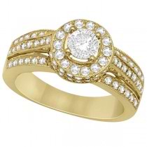 Halo Diamond Engagement Ring & Band Bridal Set 14K Yellow Gold 1.27ct