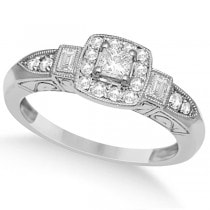 Diamond Halo Engagement Ring & Band Bridal Set 14K White Gold 0.53ct