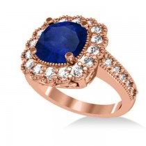 Blue Sapphire & Diamond Cushion Halo Engagement Ring 14k Rose Gold (3.50ct)