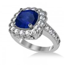 Blue Sapphire & Diamond Cushion Halo Engagement Ring 14k White Gold (3.50ct)