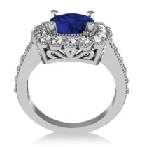 Blue Sapphire & Diamond Cushion Halo Engagement Ring 14k White Gold (3.50ct)