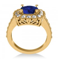 Blue Sapphire & Diamond Cushion Halo Engagement Ring 14k Yellow Gold (3.50ct)