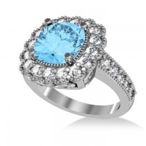 Blue Topaz & Diamond Cushion Halo Engagement Ring 14k White Gold (3.58ct)
