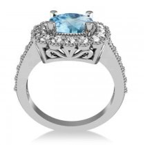 Blue Topaz & Diamond Cushion Halo Engagement Ring 14k White Gold (3.58ct)