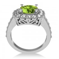 Peridot & Diamond Cushion Halo Engagement Ring 14k White Gold (3.18ct)