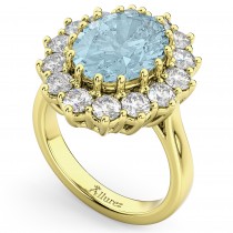 Oval Aquamarine & Diamond Halo Lady Di Ring 14k Yellow Gold (6.40ct)