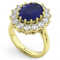 Oval Blue Sapphire & Diamond Halo Lady Di Ring 14k Yellow Gold (6.40ct)