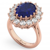 Oval Blue Sapphire & Diamond Halo Lady Di Ring 18k Rose Gold (6.40ct)