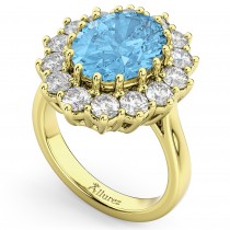Oval Blue Topaz & Diamond Halo Lady Di Ring 14k Yellow Gold (6.40ct)