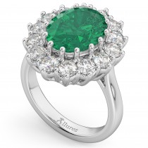 Oval Emerald & Diamond Halo Lady Di Ring 14k White Gold (6.40ct)
