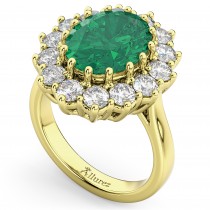 Oval Emerald & Diamond Halo Lady Di Ring 14k Yellow Gold (6.40ct)